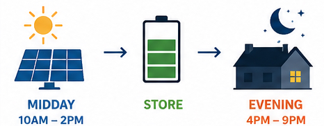 Headline Image Suggested electric solar-battery usage for Midday solar charging and Peak Rate electric battery consumption.